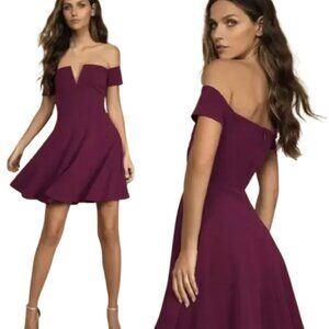 Women's XL NWT Lulus Burgundy Off-the-Shoulder Skater A-Line Mini Dress